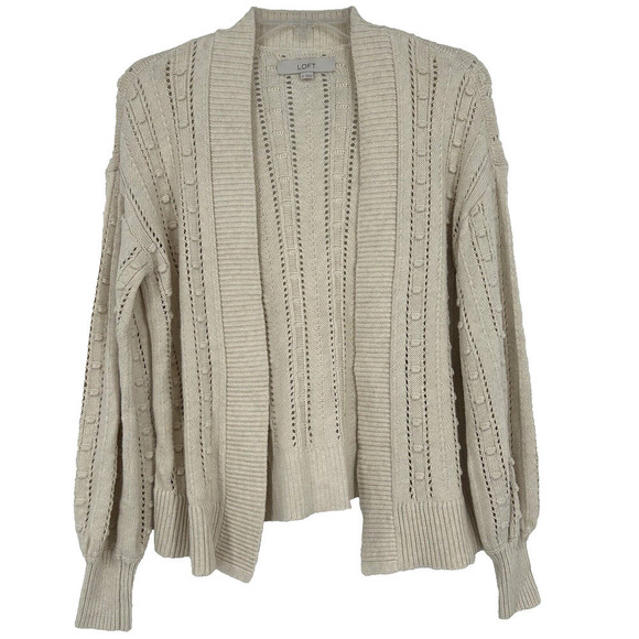 LOFT Bobble Cardigan Beige Open Front Long Balloon Sleeves Open Knit Size S - Picture 2 of 11